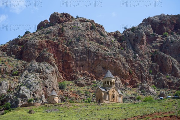 Lonely church in impressive rocky landscape under clear sky, Noravank monastery, Surb Astvatsatsin