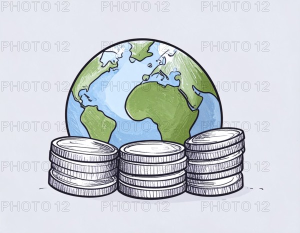 Green earth globe with silver coin stack symbolizing global finance economy and sustainable growth,