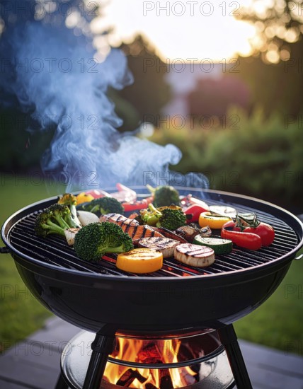 Cooking vegetables on grill outdoors, healthy lifestyle with healthy food, close up of grill with