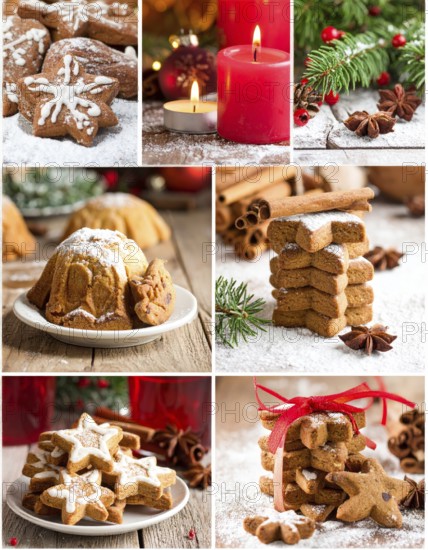 Collage of Christmas cookies and sweets, variation of sweet desserts, lots of unhealthy calories,