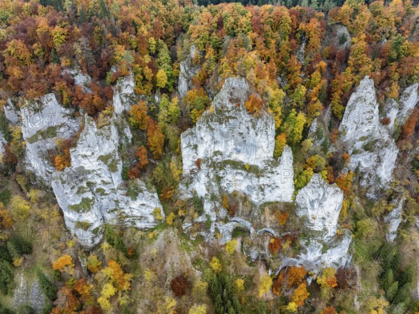 Aerial view, top down view of distinctive rock towers, Weissjura, Jurassic limestone cliffs,