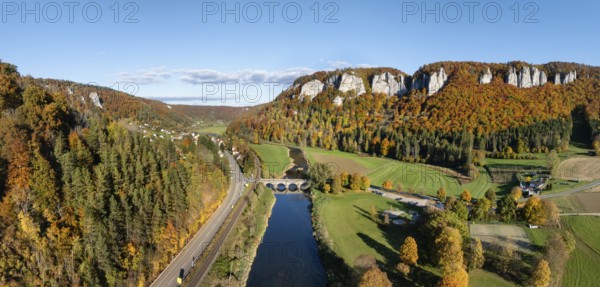 Aerial view, panorama of the Upper Danube Valley, surrounded by autumn vegetation with the