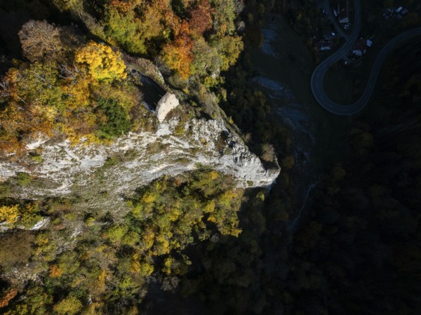 Aerial view of the viewpoint, shovels and Hausen Castle, also known as the Hausen ruins, surrounded