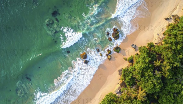 Green algae on the sandy shore of an ocean. Fascinating phenomenon of wild coastline with green