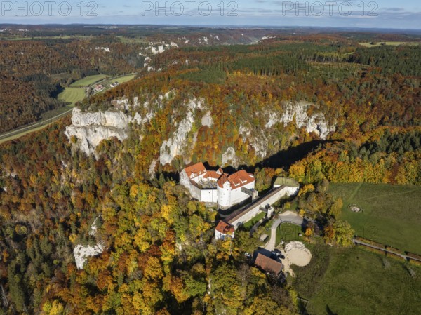 Aerial view of Wildenstein Castle near Leibertingen, surrounded by autumn vegetation, Upper Danube