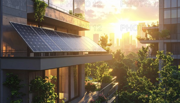 Sunlight Glinting Off Solar Panels on Contemporary Apartment Balcony, energy solution, concept of
