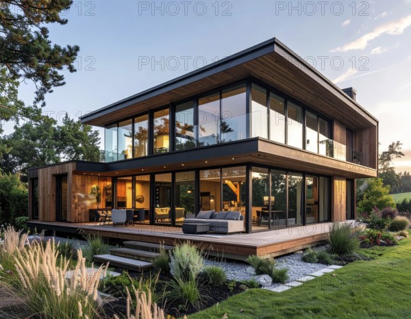 Modern Extension on a Traditional Cottage with Glass and Wood Architecture, green garden with