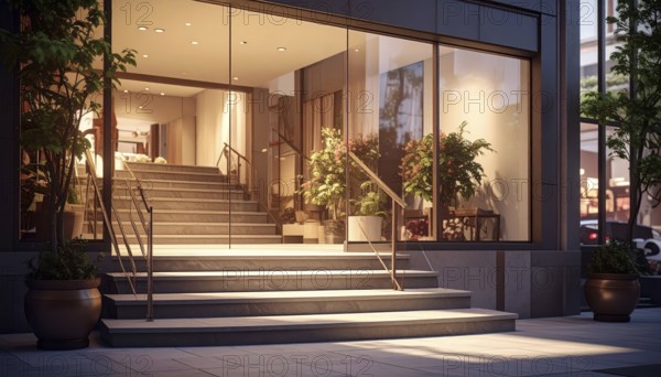 Modern building entrance with stairs, glass facade, and plants in warm evening light, empty