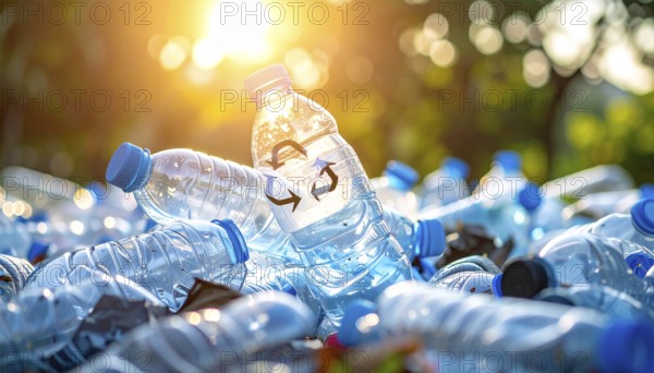 Crushed plastic water bottle waste in a wild landscape, symbol for nature protection, waste