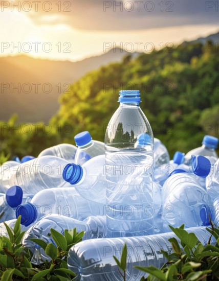 Crushed plastic water bottle waste in a wild landscape, symbol for nature protection, waste