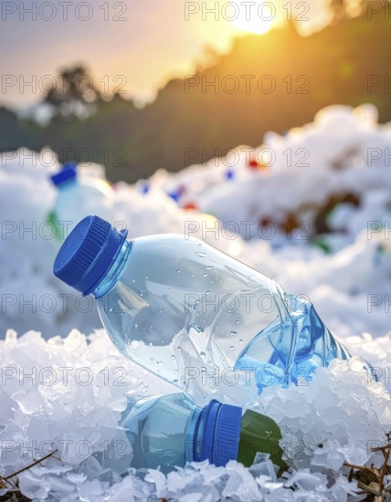 Crushed plastic water bottle waste in a wild landscape, symbol for nature protection, waste