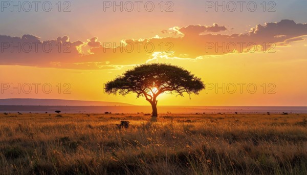 Single acacia tree in the savannah at sunset, solitude in the wild, dry grass in the foreground,