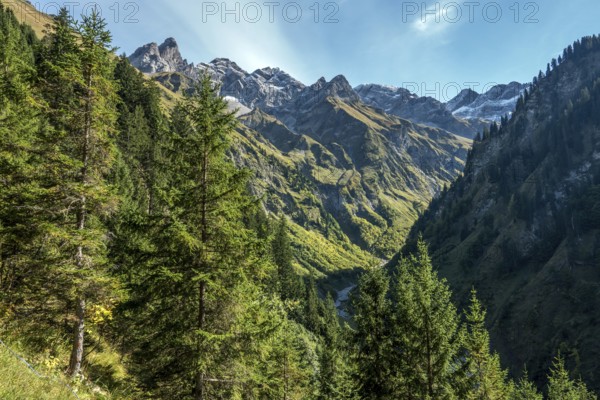 View of the Bacherloch Valley, in the back mountains of the Allgäu Alps with Trettachspitze,