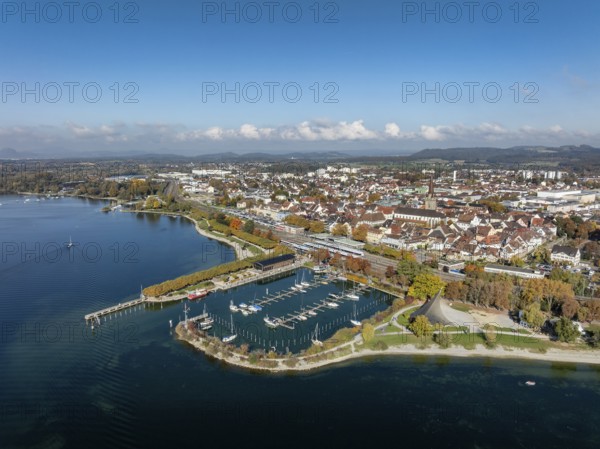 Aerial view of the town of Radolfzell on Lake Constance with the Wäschbruckhafen, harbour pier and