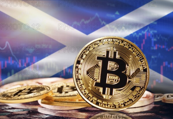 Bitcoin with Scotland flag in the background. Investors in cryptocurrency and Blockchain Technology