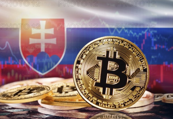 Bitcoin with Slovakia flag in the background. Investors in cryptocurrency and Blockchain Technology
