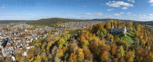 Aerial view, panorama of the ruins of Honburg Castle on the Honberg above the town of Tuttlingen,