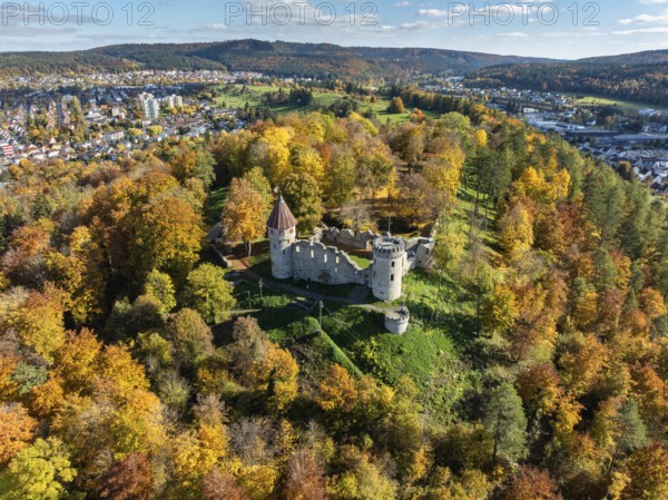 Aerial view of the ruins of Honburg Castle on the Honberg above the town of Tuttlingen, surrounded