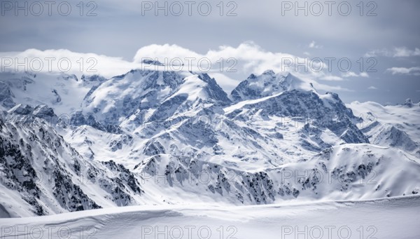 View of mountain panorama with mountain peaks of the Bernina Group, mountain scenery in winter,