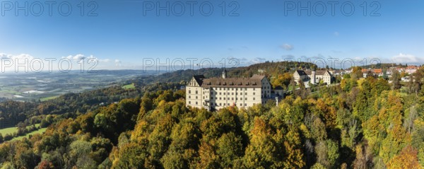 Aerial view, panorama of Heiligenberg Castle, a Renaissance-style palace complex, Tübingen