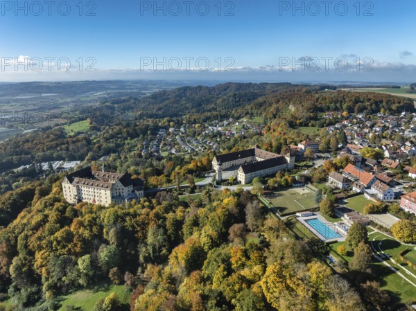 Aerial view of Heiligenberg Castle, a Renaissance-style palace complex, Tübingen administrative
