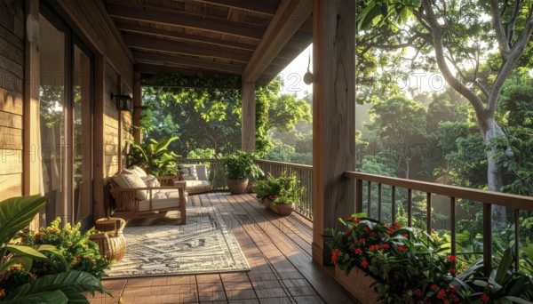 An eco-friendly porch designed for sustainable living in an environmentally-conscious home, lush