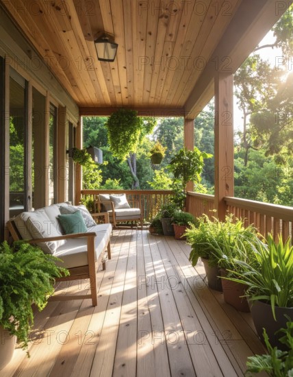 An eco-friendly porch designed for sustainable living in an environmentally-conscious home, lush