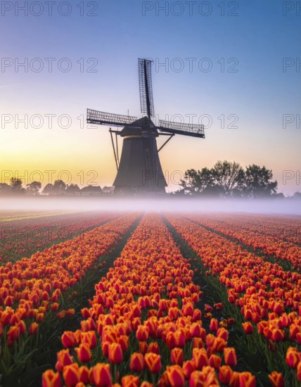 Fog covered landscape in sunrise with tulip fields and windmill in background, AI generated