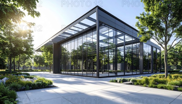 Modern architectural framework with glass and steel structure, glass facade with a greed of steel