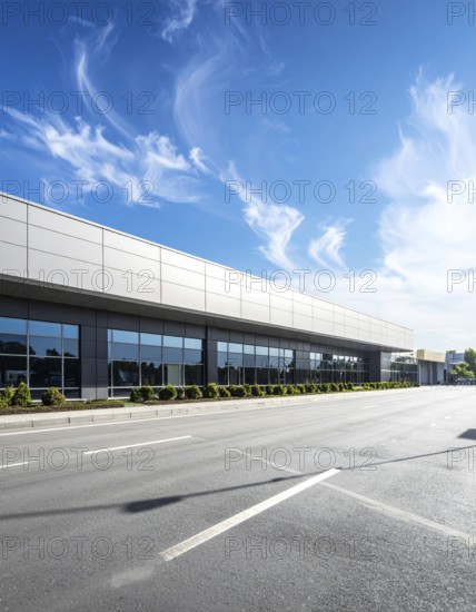 Modern supermarket building exterior against blue sky, Inviting white facade, some clouds, concept