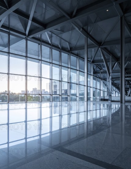 Modern architectural framework with glass and steel structure, glass facade with a greed of steel
