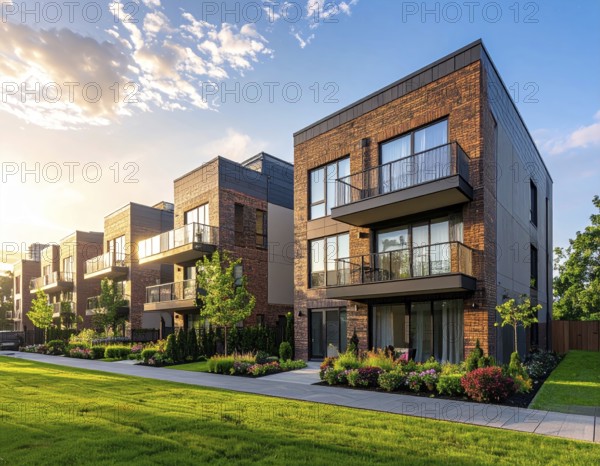 Modern apartment building with balconies and well-kept landscaping at sunset, Modern multifamily