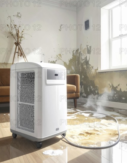 A specialized dehumidifier operates in a mold-infested room following water damage, Shell