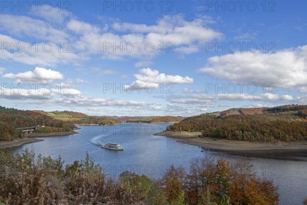 Excursion boat, Biggesee near Sondern, Olpe, Sauerland, North Rhine-Westphalia, Germany