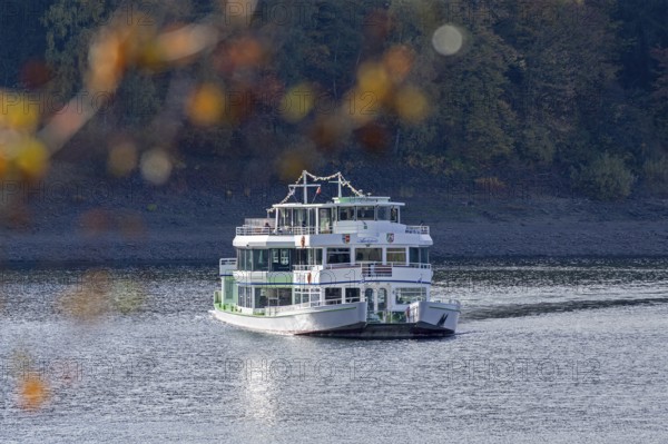 Excursion boat, Biggesee near Sondern, Olpe, Sauerland, North Rhine-Westphalia, Germany