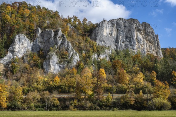 Distinctive Jurassic limestone cliffs in the upper Danube Valley, surrounded by autumn vegetation,