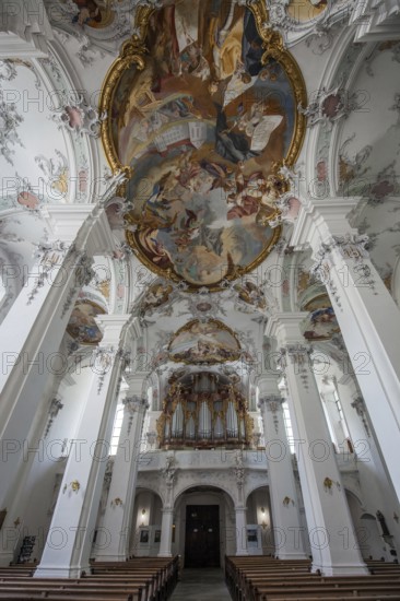St. George and James Catholic Church, interior view, nave with ceiling frescoes and organ, Isny,