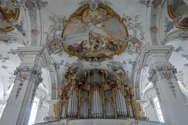 St. George and James Catholic Church, interior view, ceiling frescoes and organ, Isny, Allgäu,
