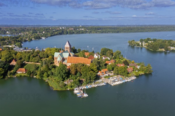 Aerial view over Ratzeburger Dom, late Brick Romanesque cathedral in the town Ratzeburg and the
