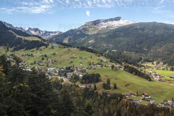 View of Hirschegg and the Kleinwalsertal valley, in the back of Hoher Ifen, Allgäu Alps,