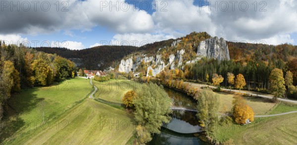 Aerial view, panorama of Käppeler estate with the St. George's Basilica near Thiergarten in the