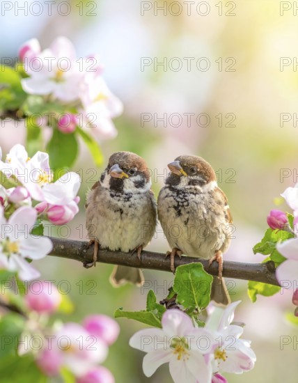 Small funny Sparrow Chicks sit in the garden surrounded by pink Apple blossoms on a Sunny may day,