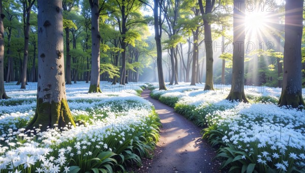 A tranquil forest path lined with white flowers, surrounded by tall trees and bathed in soft