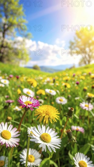 A sunny meadow with daisies in full bloom under bright sunlight, creating a vibrant and cheerful