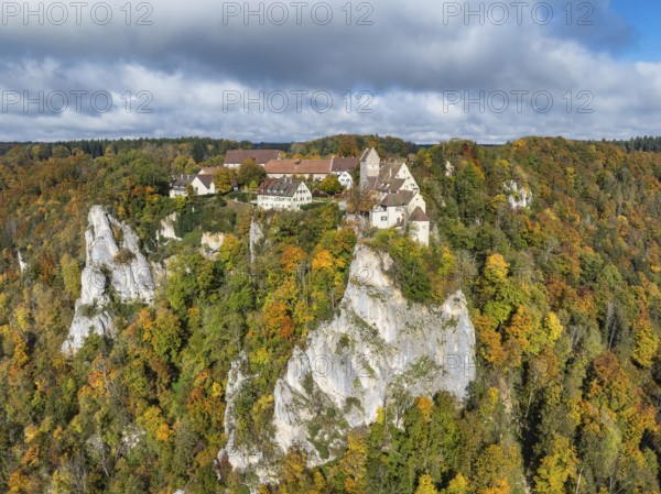 Aerial view of Werenwag Castle and former Werenwag Castle on a rocky spur in the Upper Danube