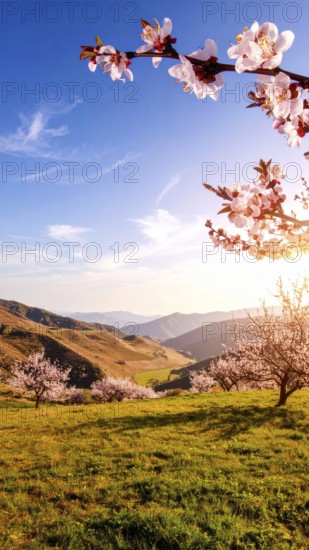 Landscape with a blooming apricot tree, idilyc spring nature, green grass and mountains in