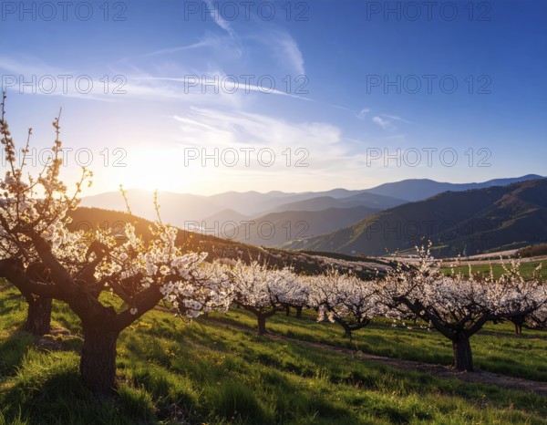 Landscape with a blooming apricot tree, idilyc spring nature, green grass and mountains in