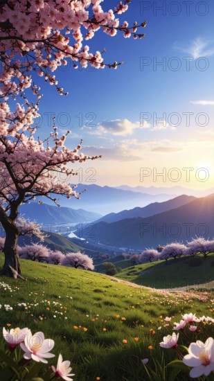 Landscape with a blooming apricot tree, idilyc spring nature, green grass and mountains in