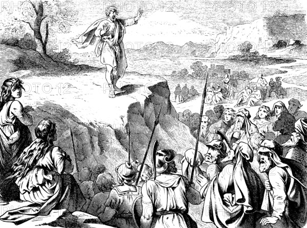 On Mount Grisim, Jotham tells the men of Shechem a fable, warrior with lances, Abimelech, woman,