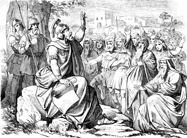 Before his death, Joshua gathers the tribes of Israel around him, address, people of Israel, serve